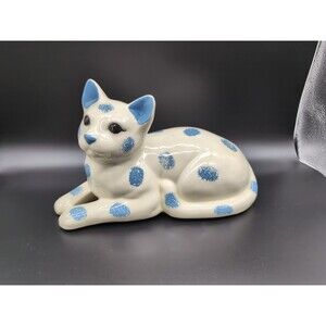 RARE 12" Cat Figurine Porcelain Ceramic White With Blue Polka Dots Resting